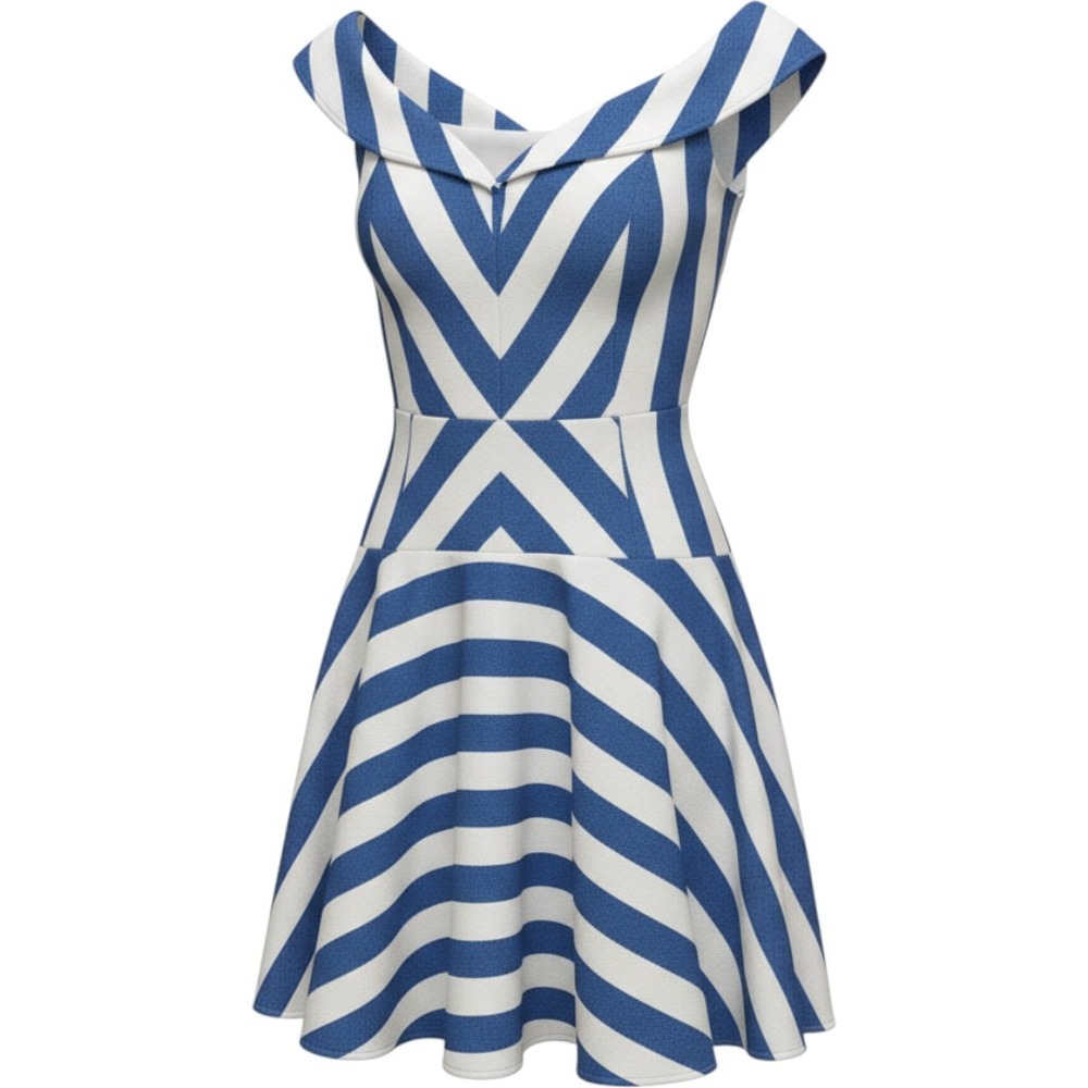 Milly Mariella Dress Blue White Striped Off Shoulder Fit Flare 182ST013166 12